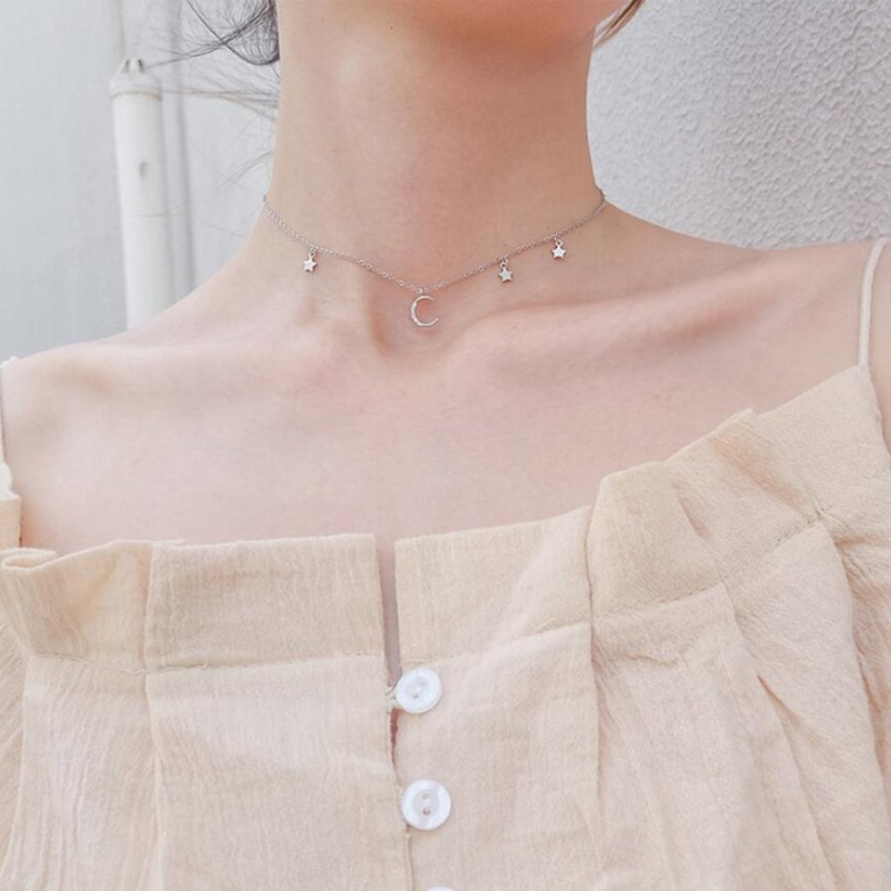 925 Sterling Silver Diamond Moon Star Necklace E